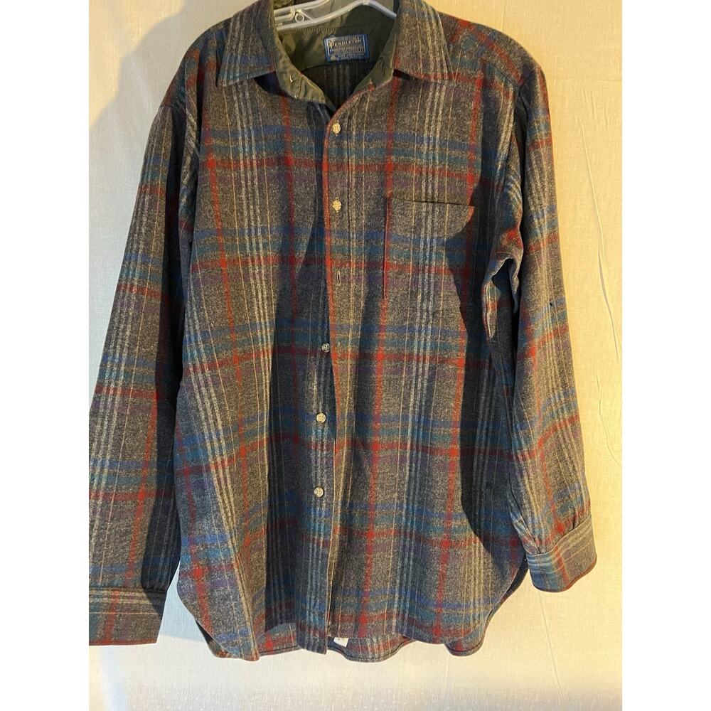 VINTAGE PENDLETON 100% VIRGIN WOOL LODGE BUTTON UP SHIRT Large Gray Red Blue